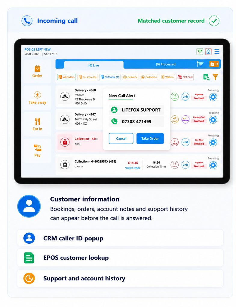 Incoming call matched to a customer record with CRM caller ID and EPOS lookup information