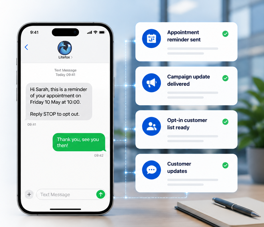 SMS marketing message preview with appointment reminder, campaign update and customer update cards