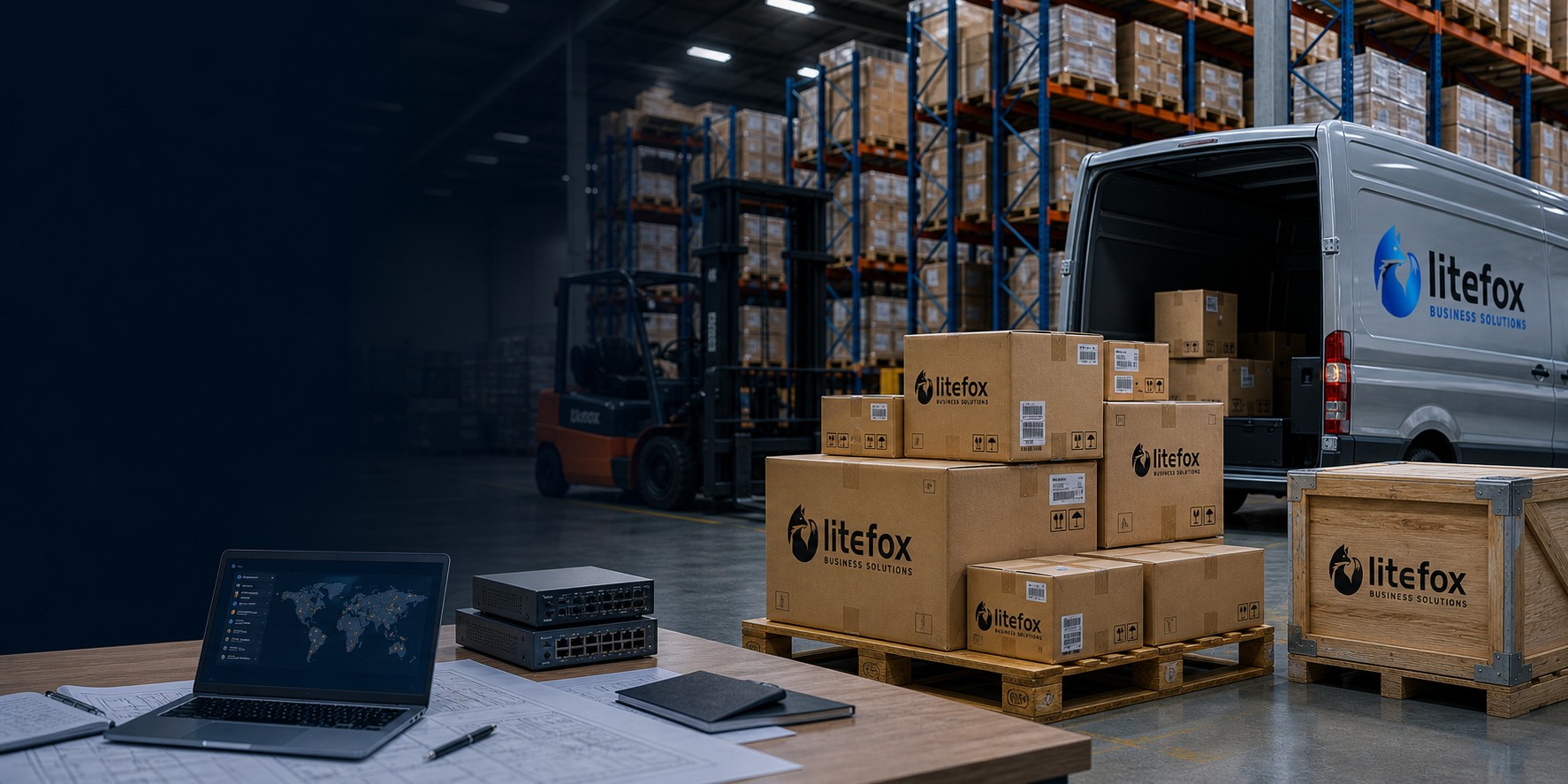 Warehouse procurement scene with Litefox branded commercial supply boxes